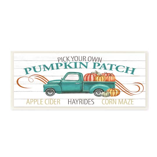 Stupell Industries Turquoise Truck Autumn Harvest Pumpkin Patch Sign Wood Wall Plaque